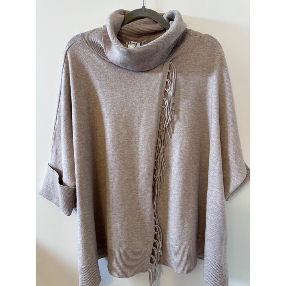 Chico’s Fringe Cowl Neck Poncho Sweater NWT S/M Neutral Taupe Soft Knit - Picture 2 of 11